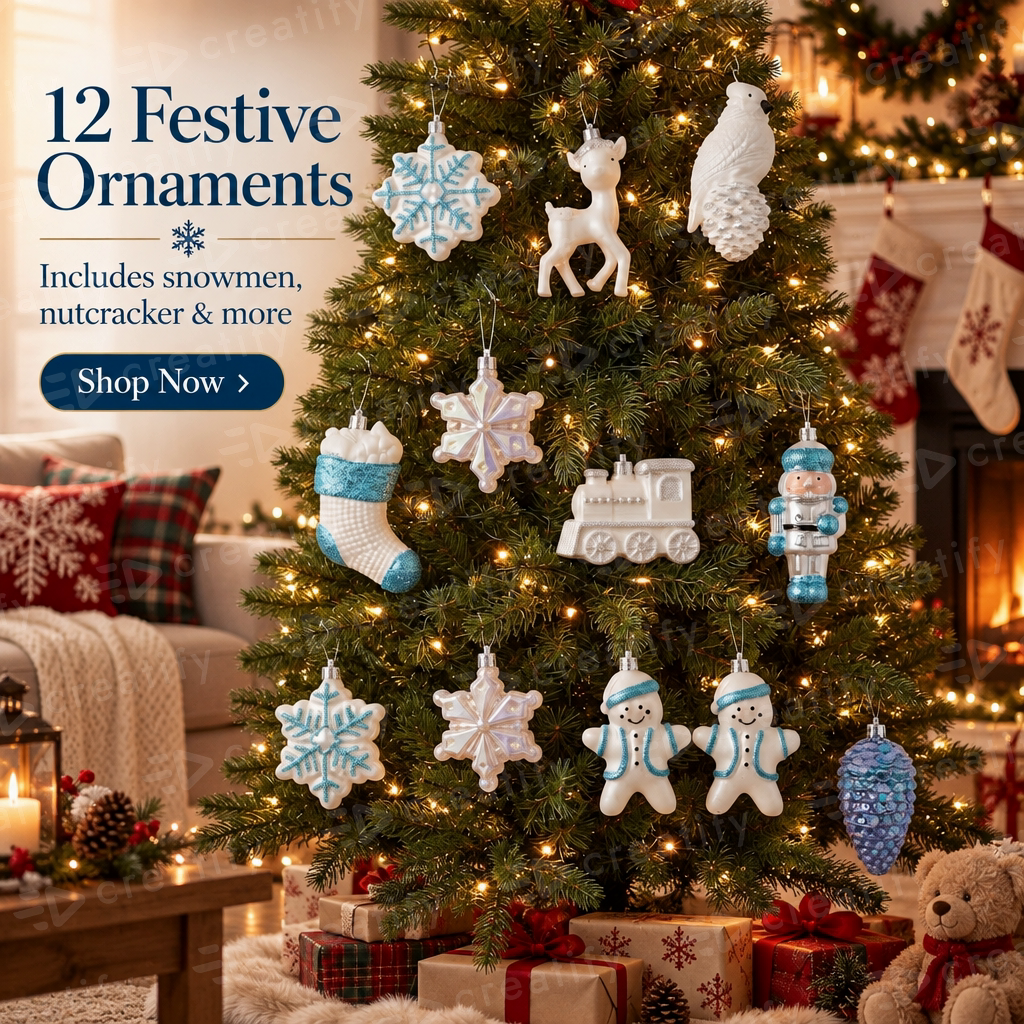 Christmas Tree Ornaments 12 Pack Plastic Winter Figures, Unique