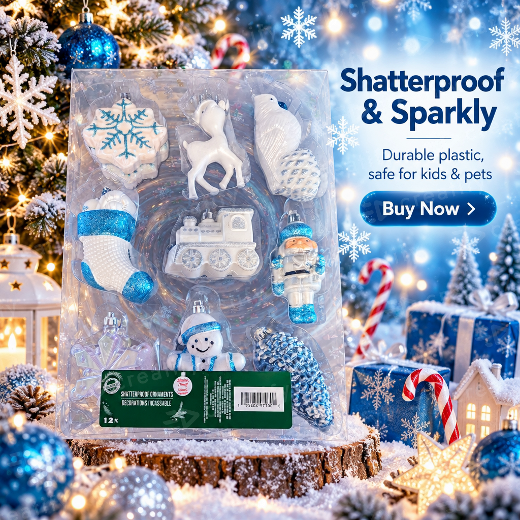 Christmas Tree Ornaments 12 Pack Plastic Winter Figures, Unique